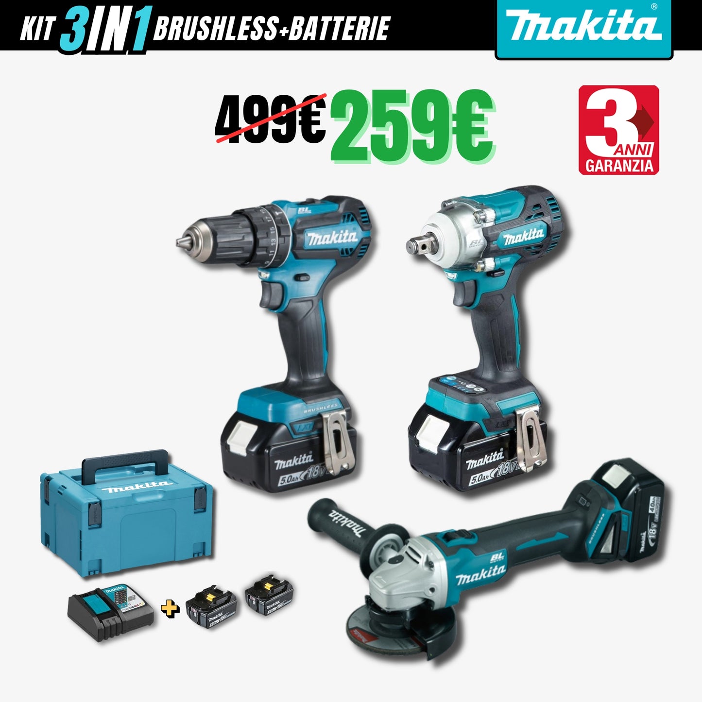 Kit 3in1 Makita:Avvitatore a Impulsi+Trapano+Smerigliatrice