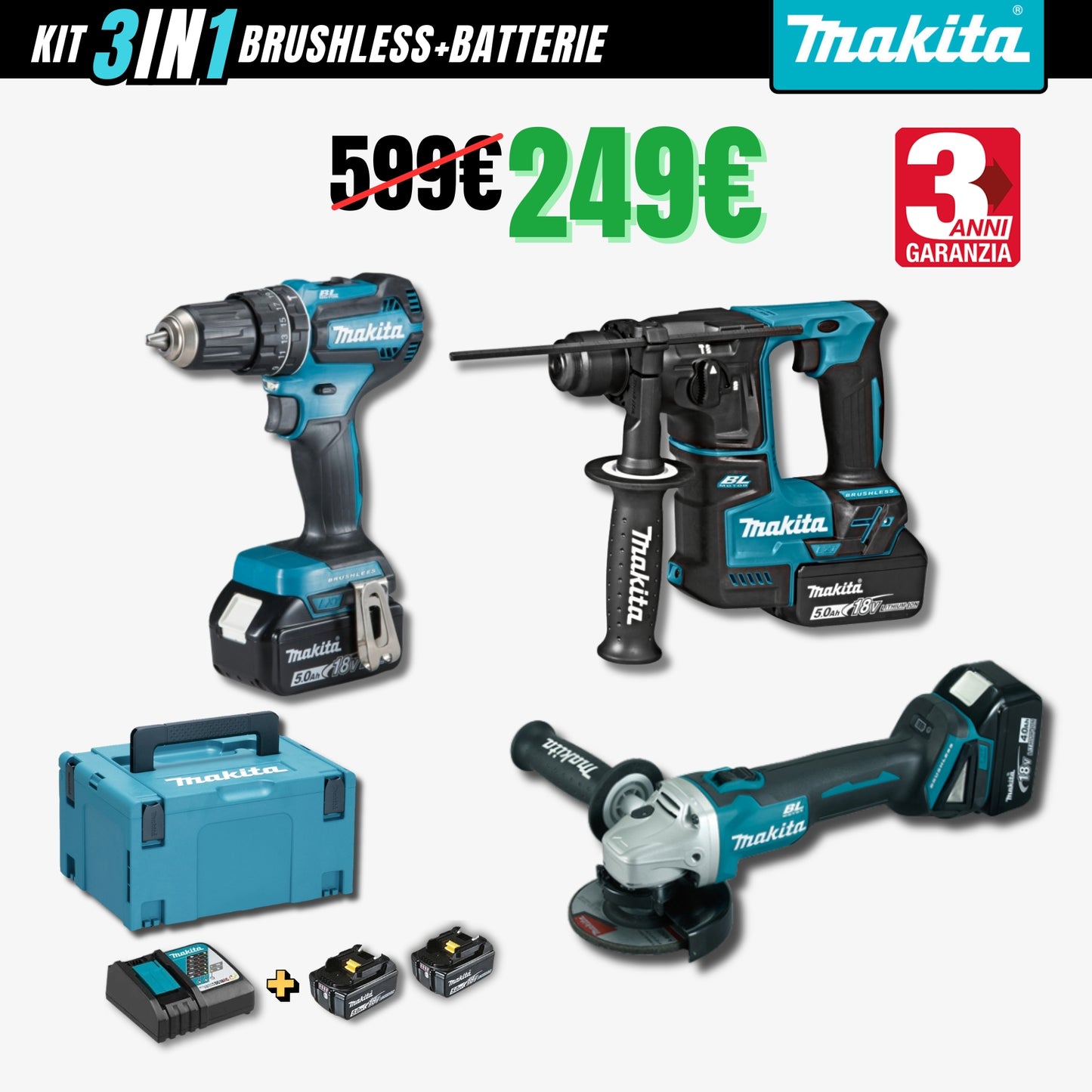 Kit 3in1 Makita:Tassellatore+Trapano+Flex/Smerigliatrice